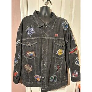 UNK NBA Denim Jacket Mens Size 4XL NBA Patched Black Denim Vintage Rare READ